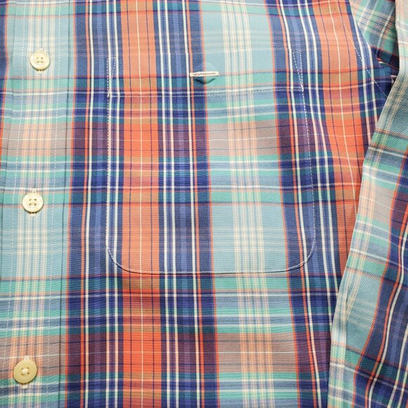 Orvis Button Down Dress Plaid Shirt Wrinkle Free Salmon Dark Blue White Men Sz M - Picture 5 of 10